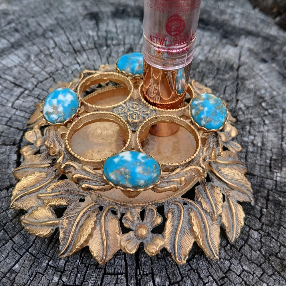 Vintage Lipstick Holder For Vanity Tray Boudoir RARE Brass Turquoise Bohemian